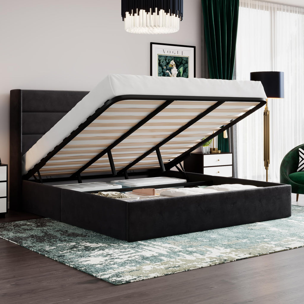 Light Beige Wingback Hydraulic Storage Bed