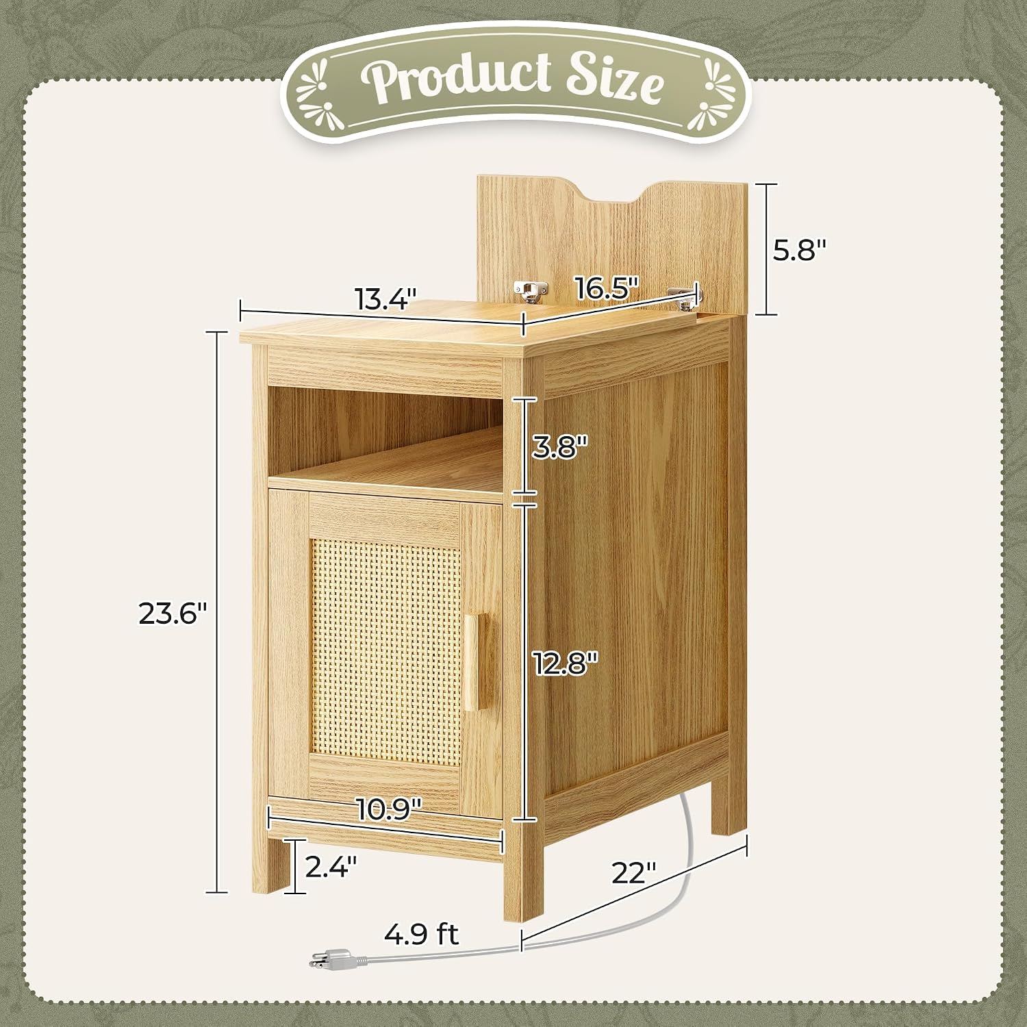 Natural Wood Rattan Charging Narrow Nightstand