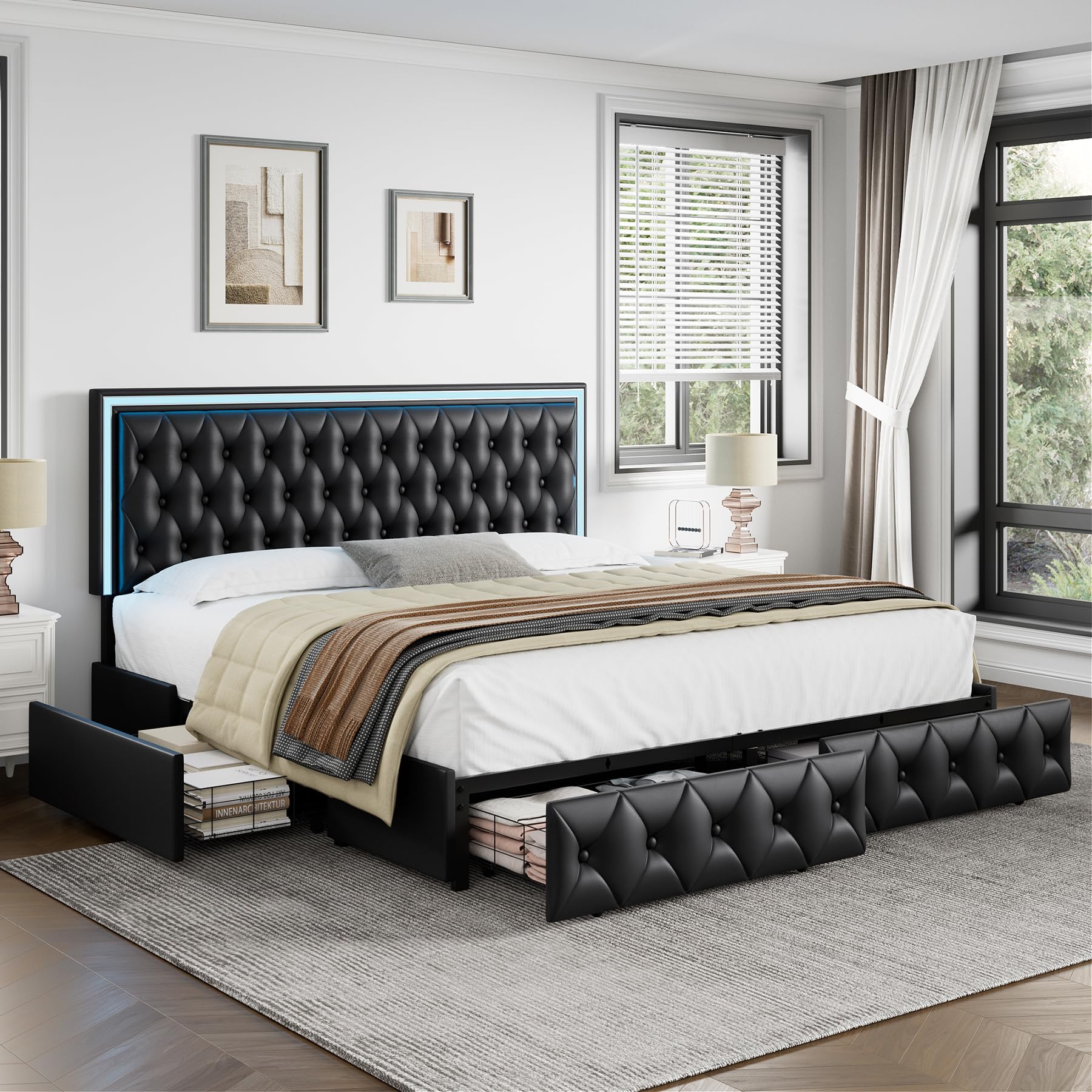 White LED Tufted Storage Drawer Bed Frame