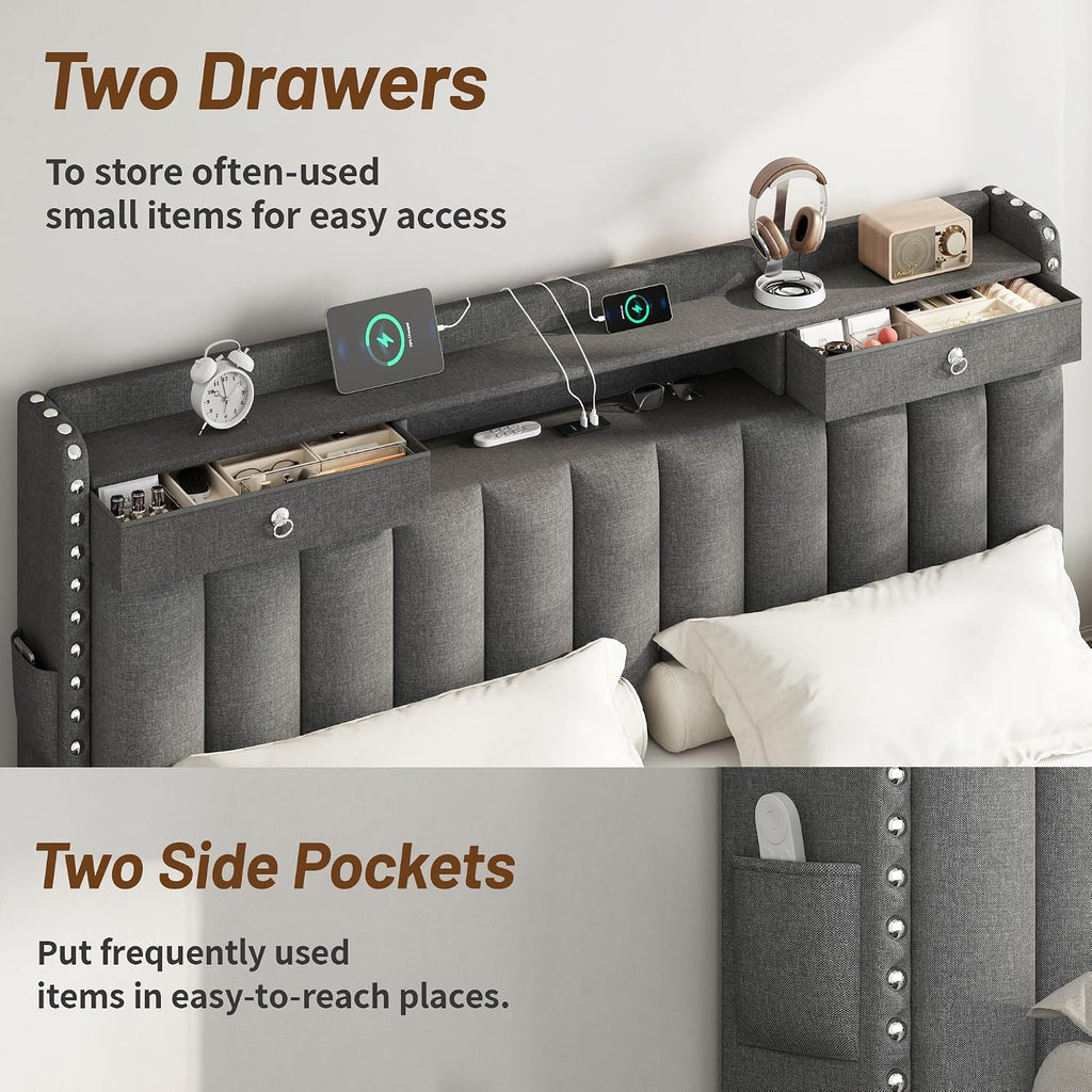 Dark Grey USB Charging Storage Queen Bed Frame