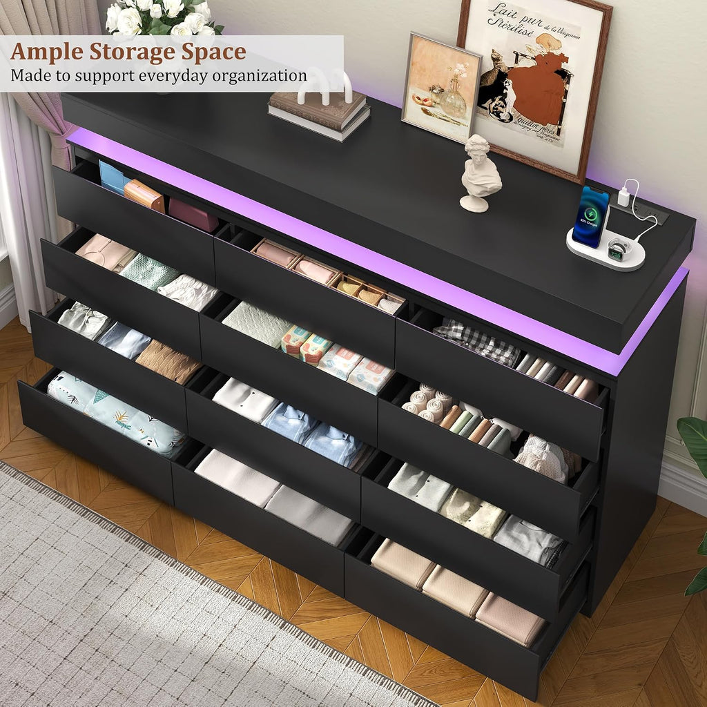 Black LED Charging 12-Drawer Wide Dresser