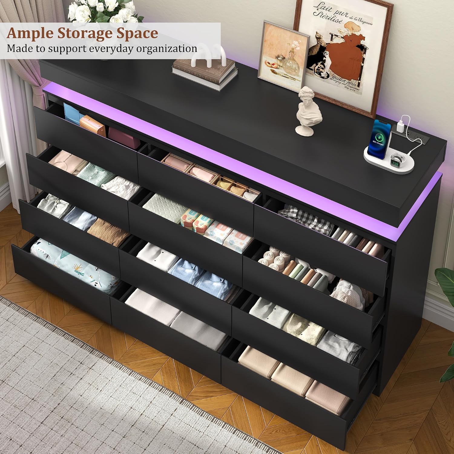Black LED Charging 12-Drawer Wide Dresser