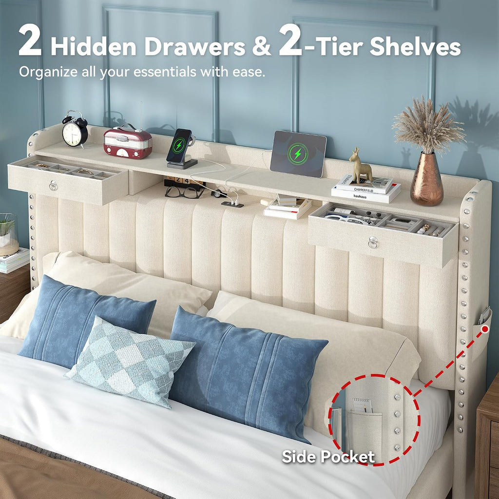 Beige Linen Charging Storage Full Bed Frame