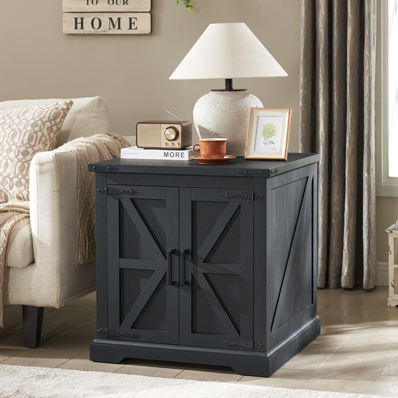 Natural Rattan Barn Door Farmhouse Side Table