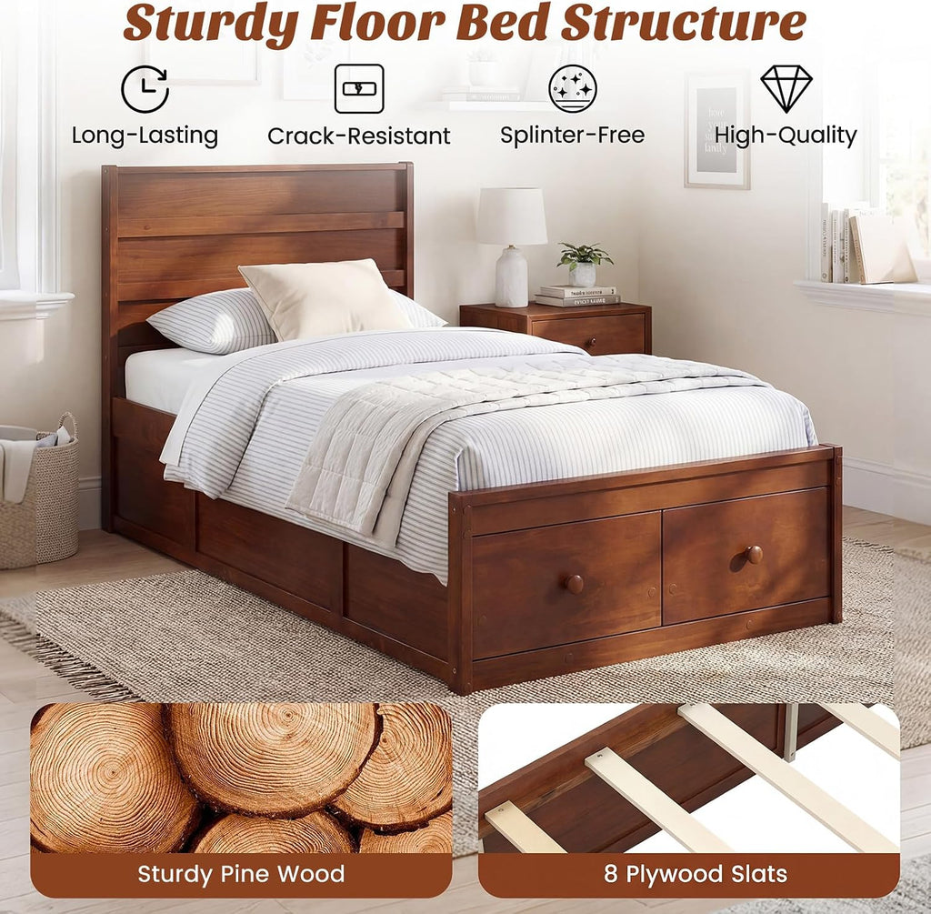 Walnut Twin Wood Drawer Storage Bed Frame