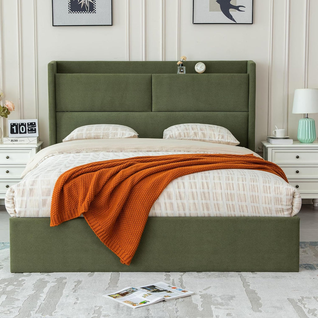 Green Wingback Hydraulic Full Storage Bed