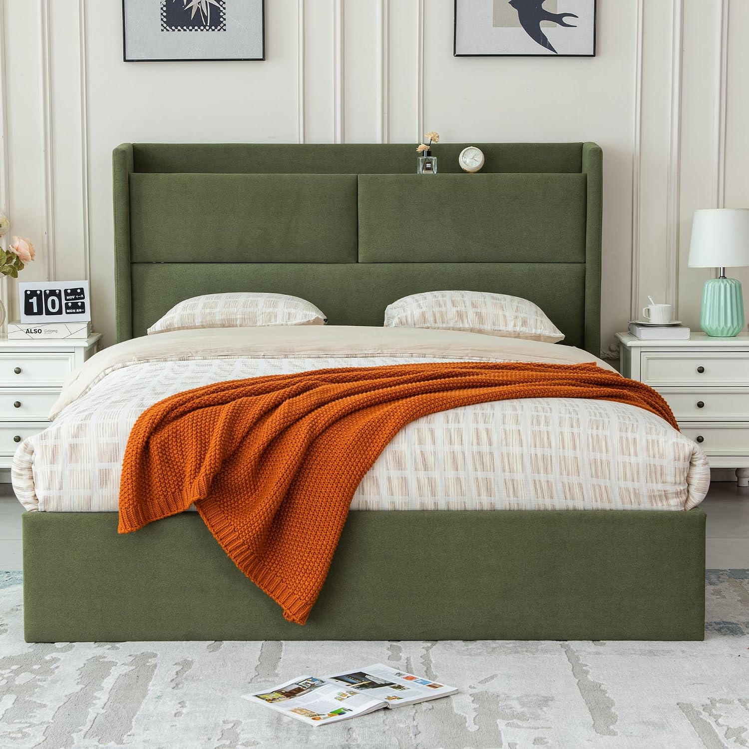 Green Wingback Hydraulic Full Storage Bed