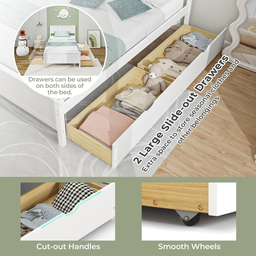White Twin Wood Storage Drawer Bed Frame