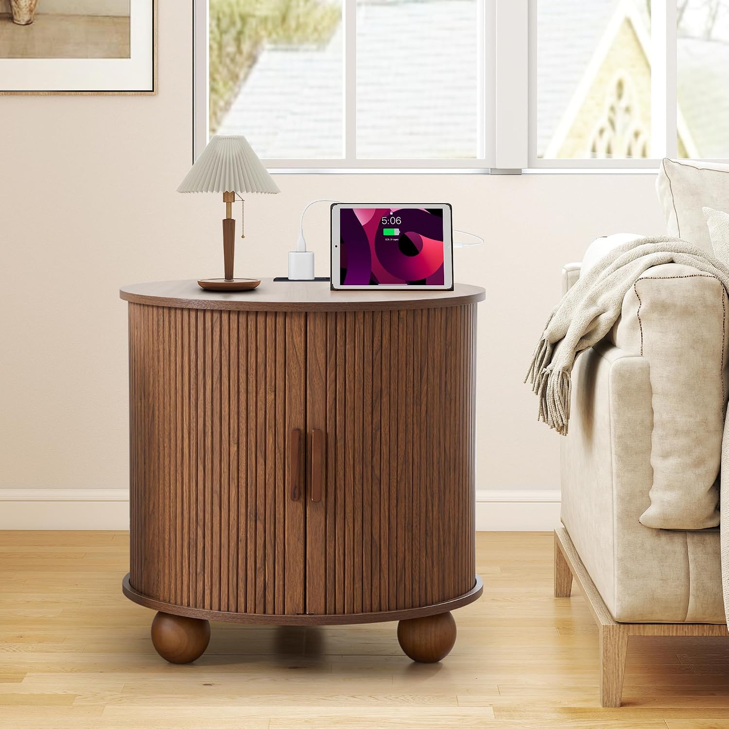 Walnut Round Fluted Charging Storage End Table