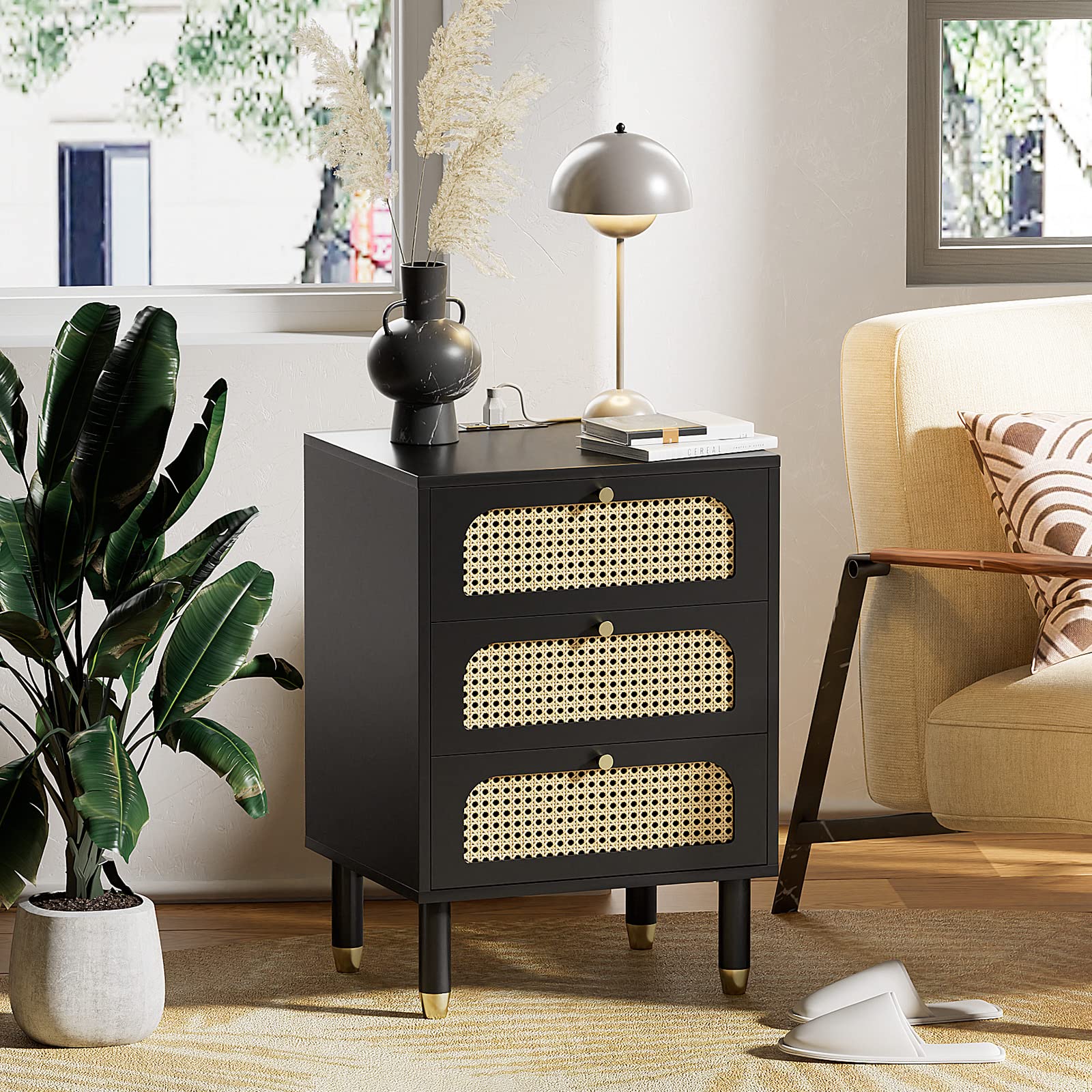 Black Rattan 3-Drawer Nightstand Set of 2