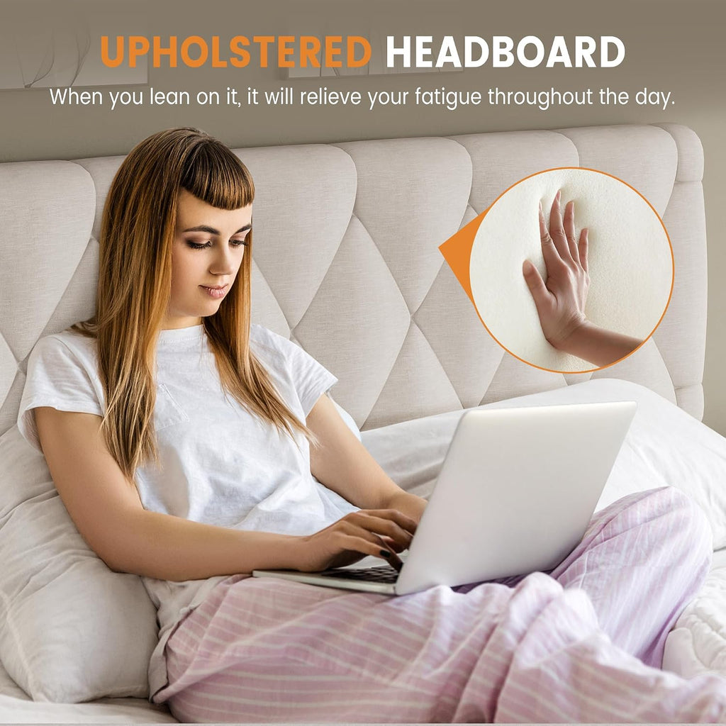 Beige King Upholstered Drawer Storage Bed