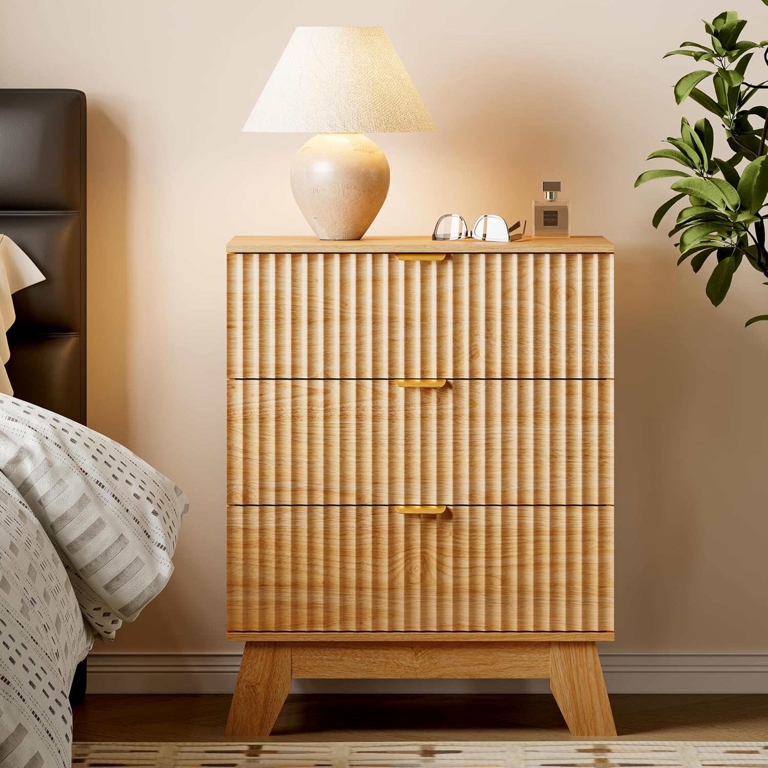 Fluted Curved 3-Drawer Wooden Storage Dresser