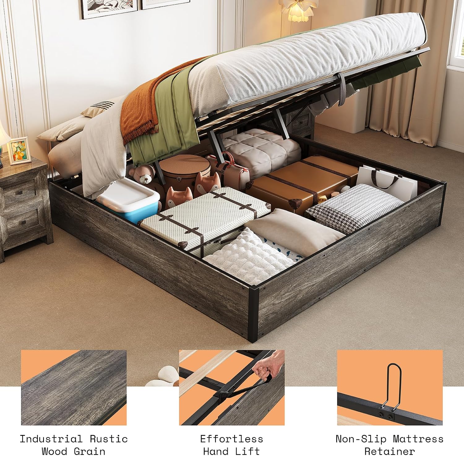 Rustic Grey King Lift Storage Bed Frame