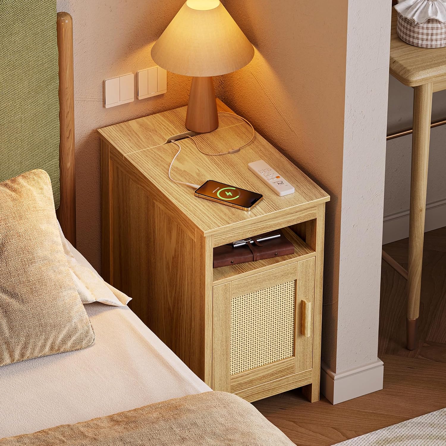 Natural Wood Rattan Charging Narrow Nightstand