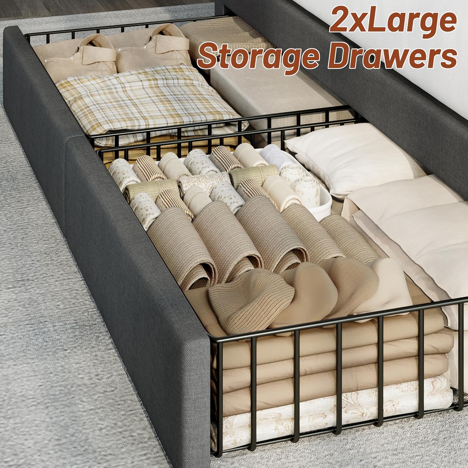 Dark Grey USB Charging Storage Queen Bed Frame