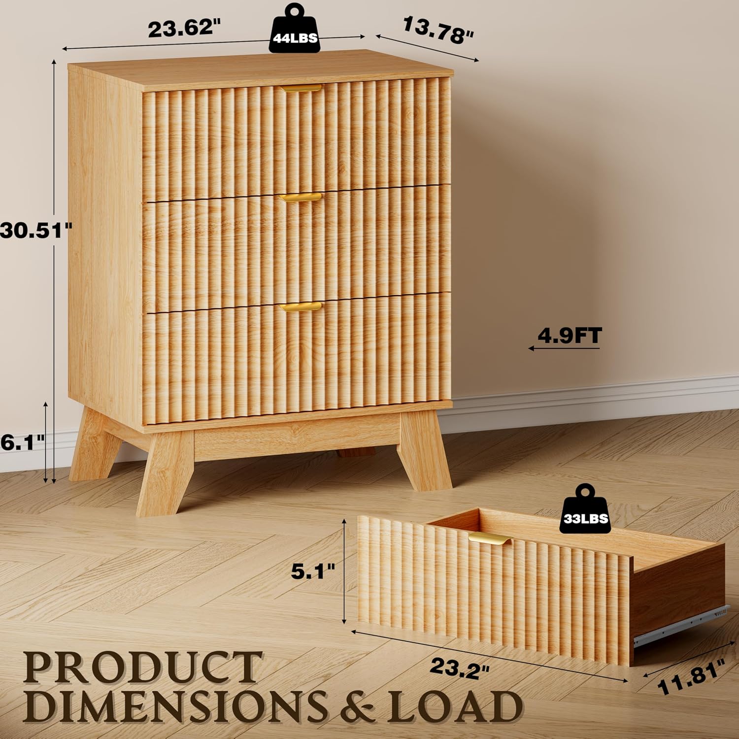 Fluted Curved 3-Drawer Wooden Storage Dresser