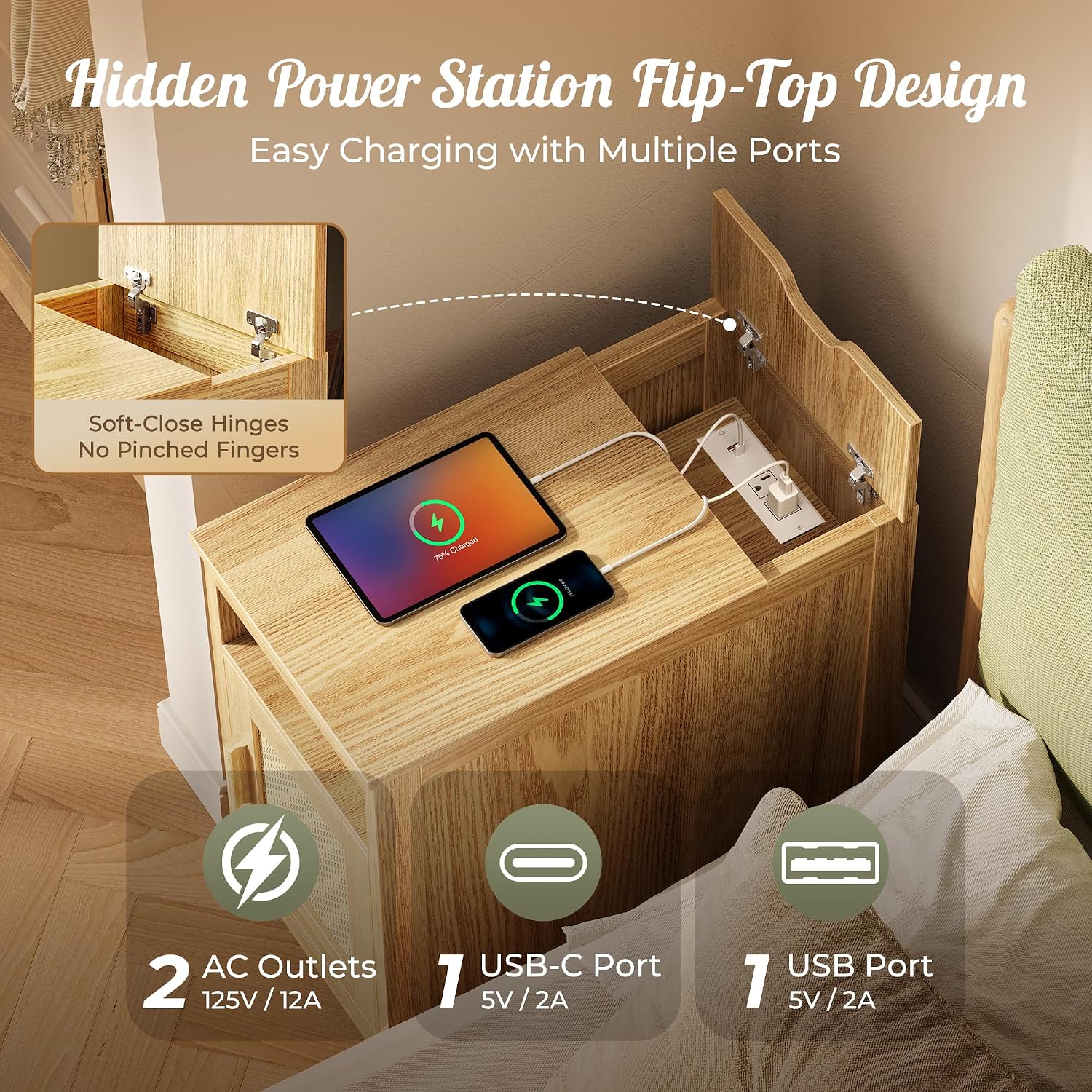 Natural Wood Rattan Charging Narrow Nightstand
