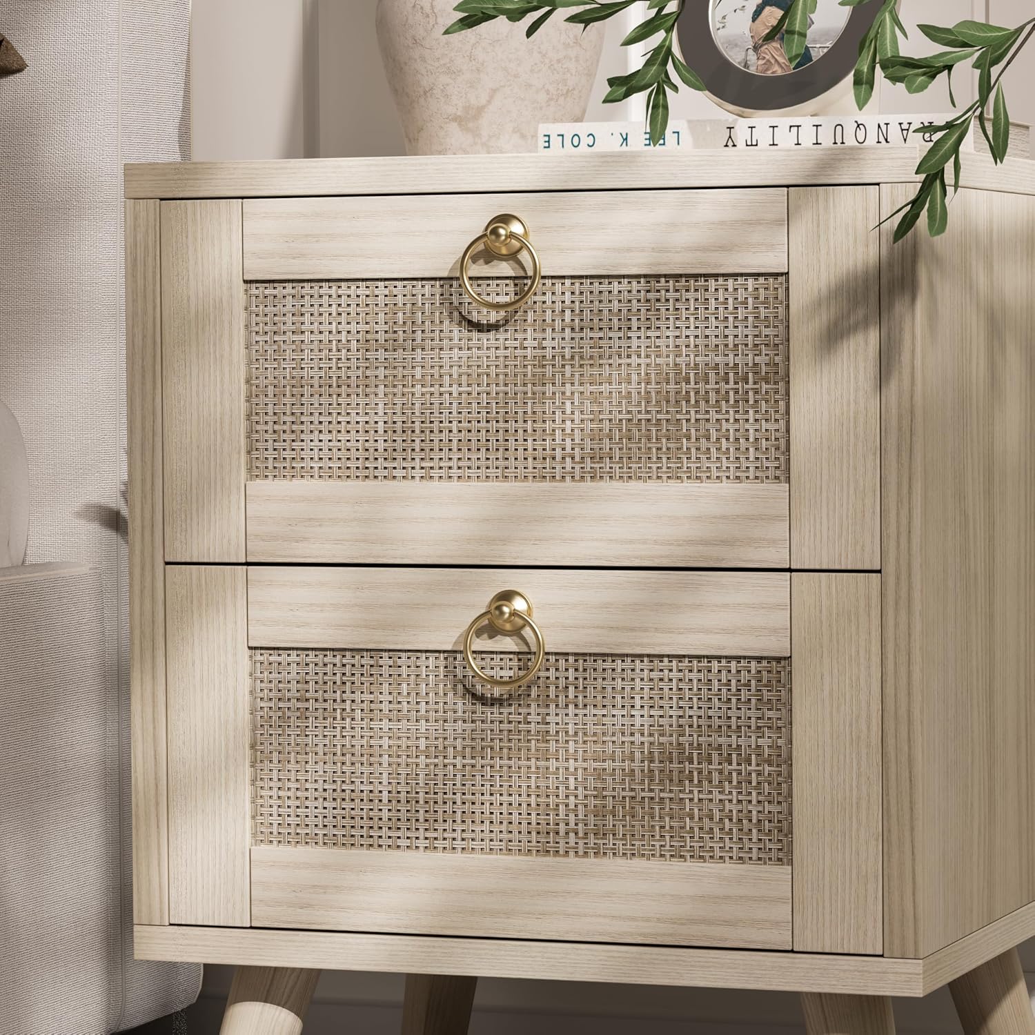Boho Rattan 2-Drawer Wooden Nightstand