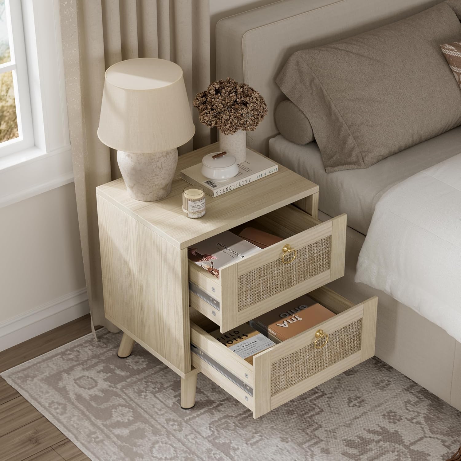 Boho Rattan 2-Drawer Wooden Nightstand
