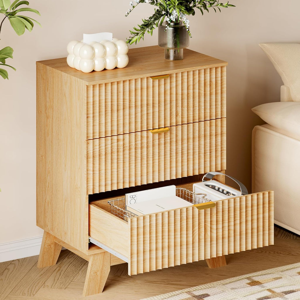 Fluted Curved 3-Drawer Wooden Storage Dresser