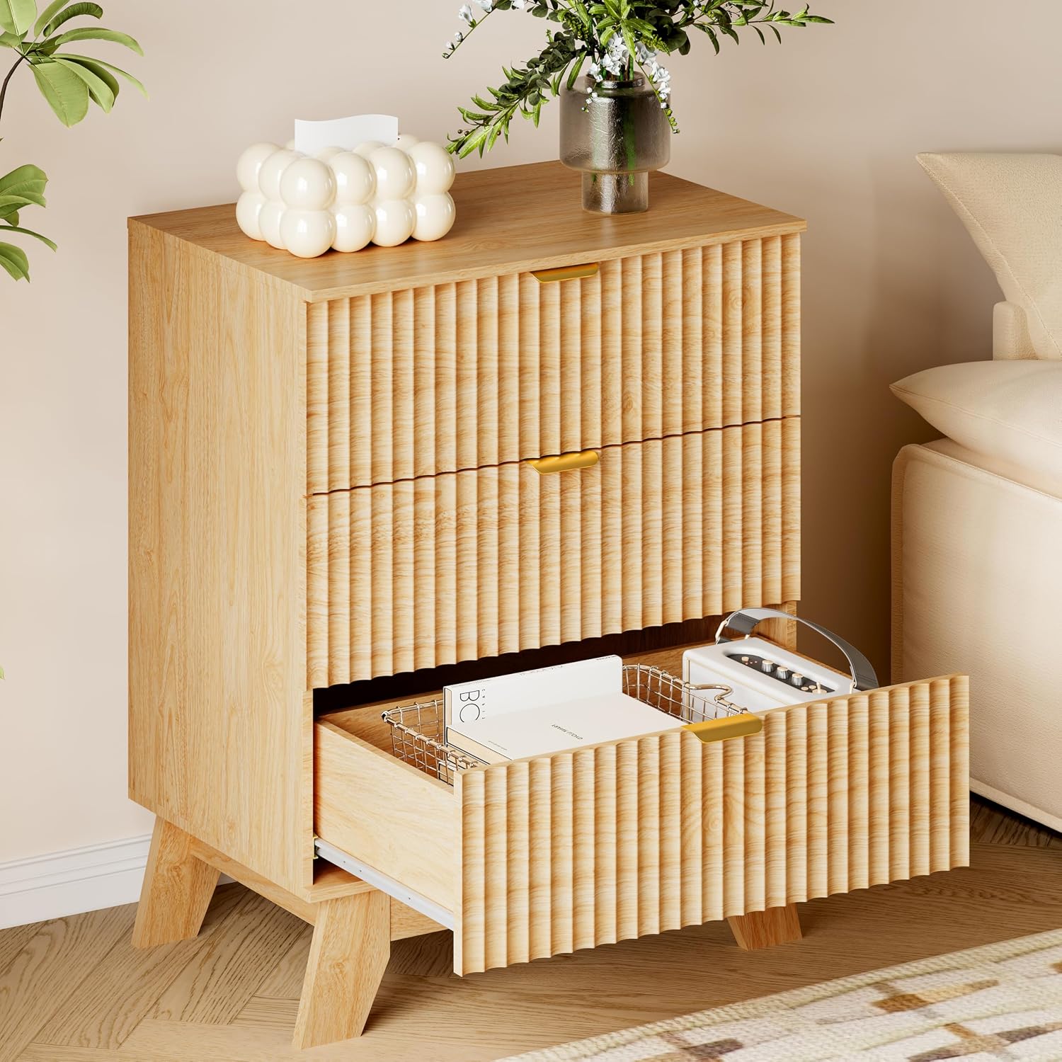 Fluted Curved 3-Drawer Wooden Storage Dresser