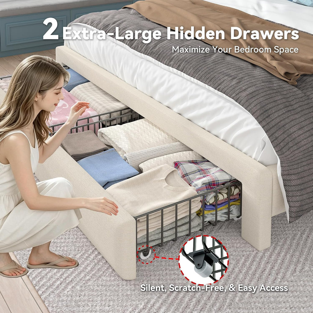Beige Linen Charging Storage Full Bed Frame