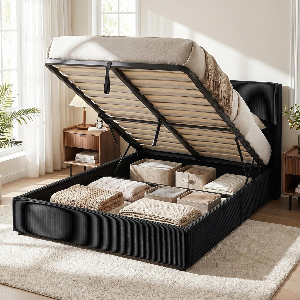Black Corduroy Gas Lift Storage Bed Frame
