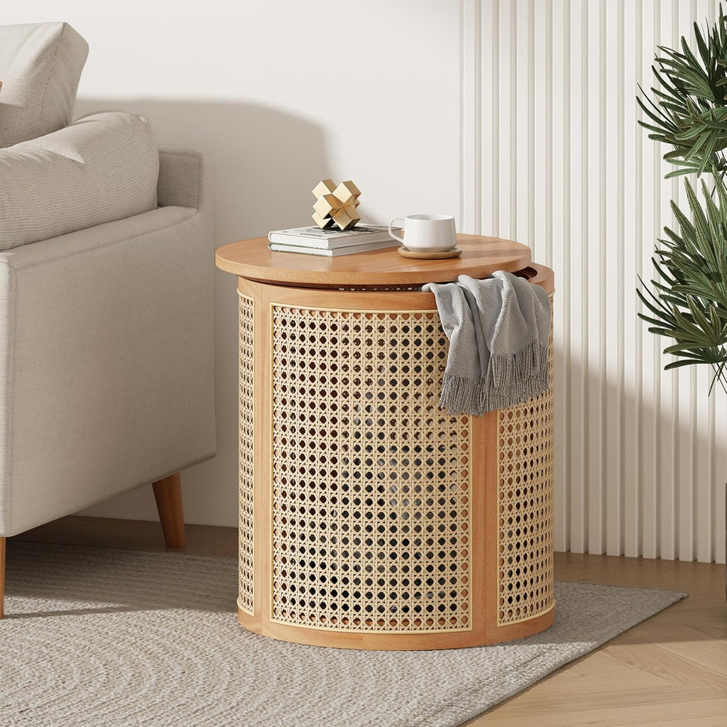 Natural Rattan Woven Round Rubber Wood Side Table