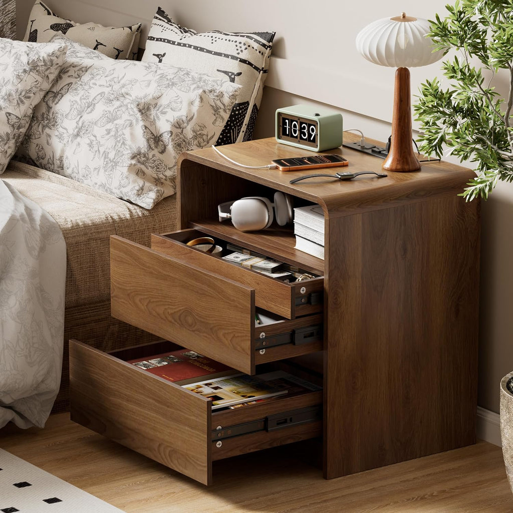 Curved Walnut Hidden Drawer Nightstands Set of 2