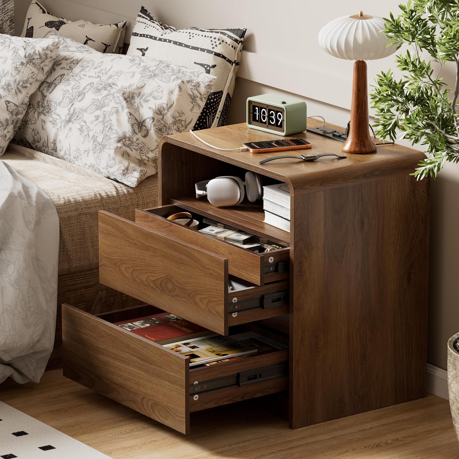 Curved Walnut Hidden Drawer Nightstands Set of 2
