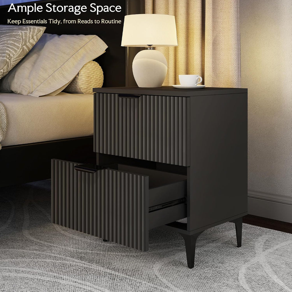 Black Fluted 2-Drawer Nightstand Set of 2