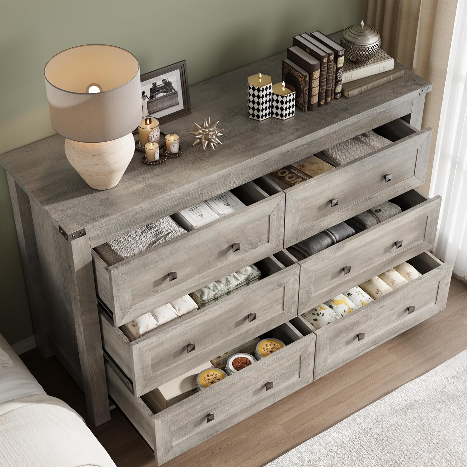 Modern Wood 6-Drawer Metal Handle Dresser