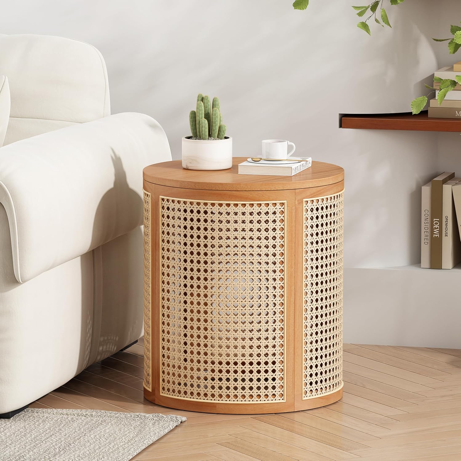 Natural Rattan Woven Round Rubber Wood Side Table