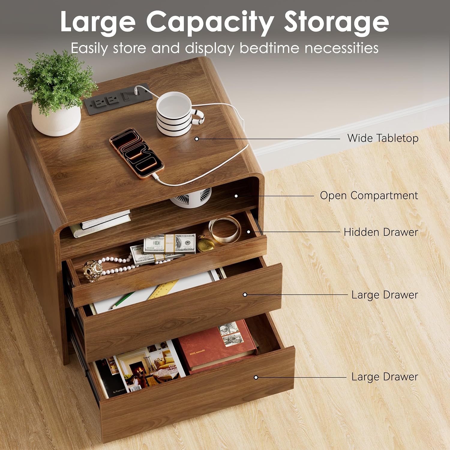 Curved Walnut Hidden Drawer Nightstands Set of 2