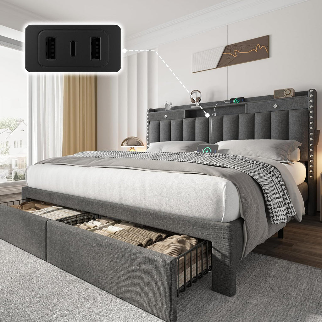 Dark Grey USB Charging Storage Queen Bed Frame
