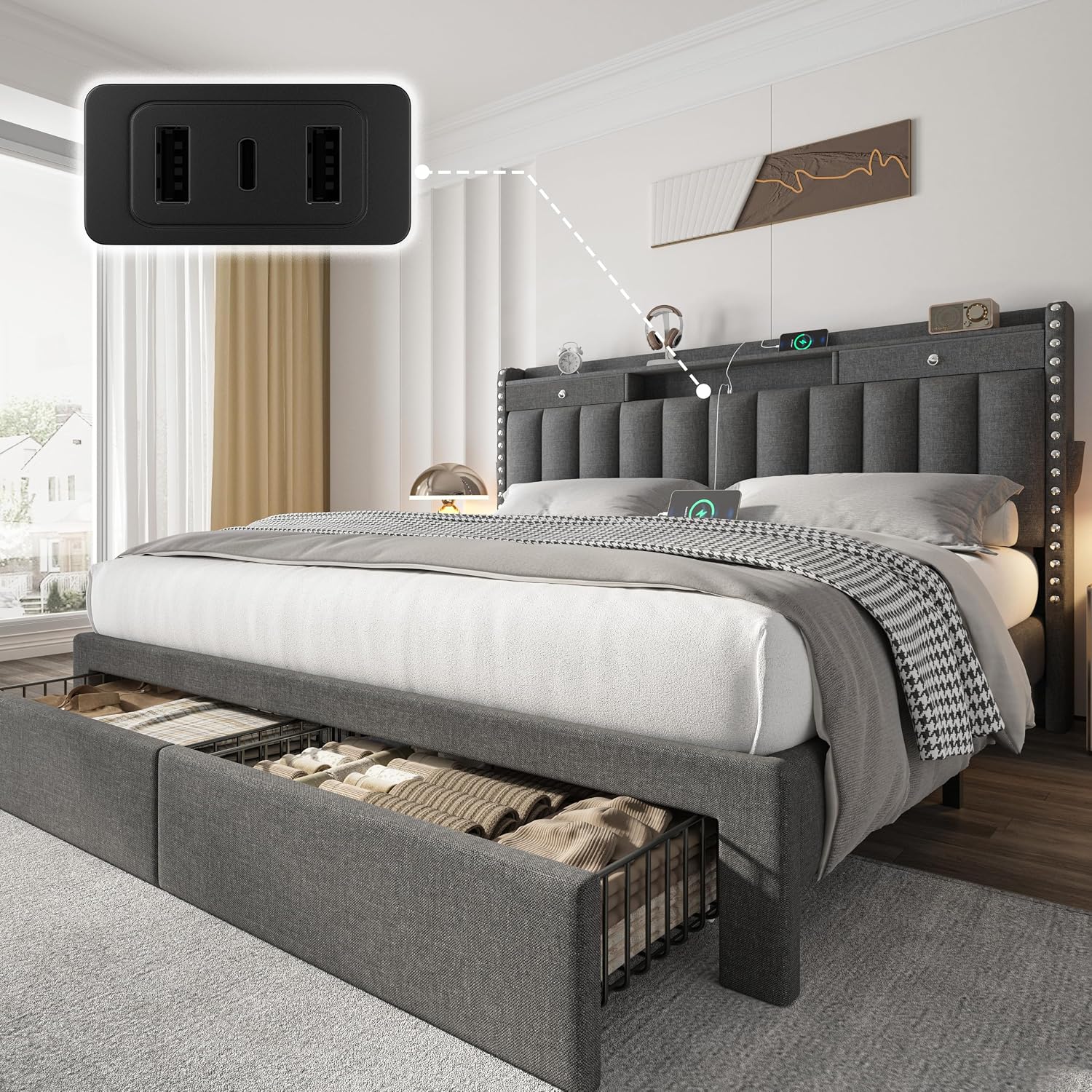 Dark Grey USB Charging Storage Queen Bed Frame