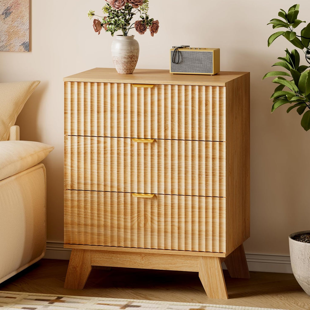 Fluted Curved 3-Drawer Wooden Storage Dresser