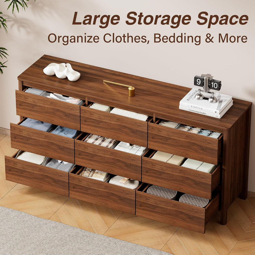Walnut Wood Leg 9-Drawer Mid-Century Dresser