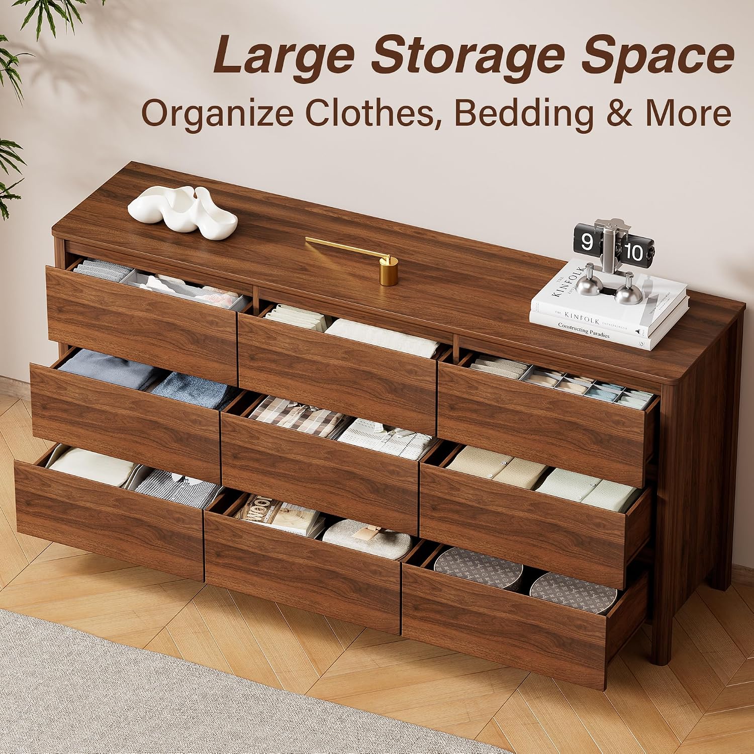 Walnut Wood Leg 9-Drawer Mid-Century Dresser