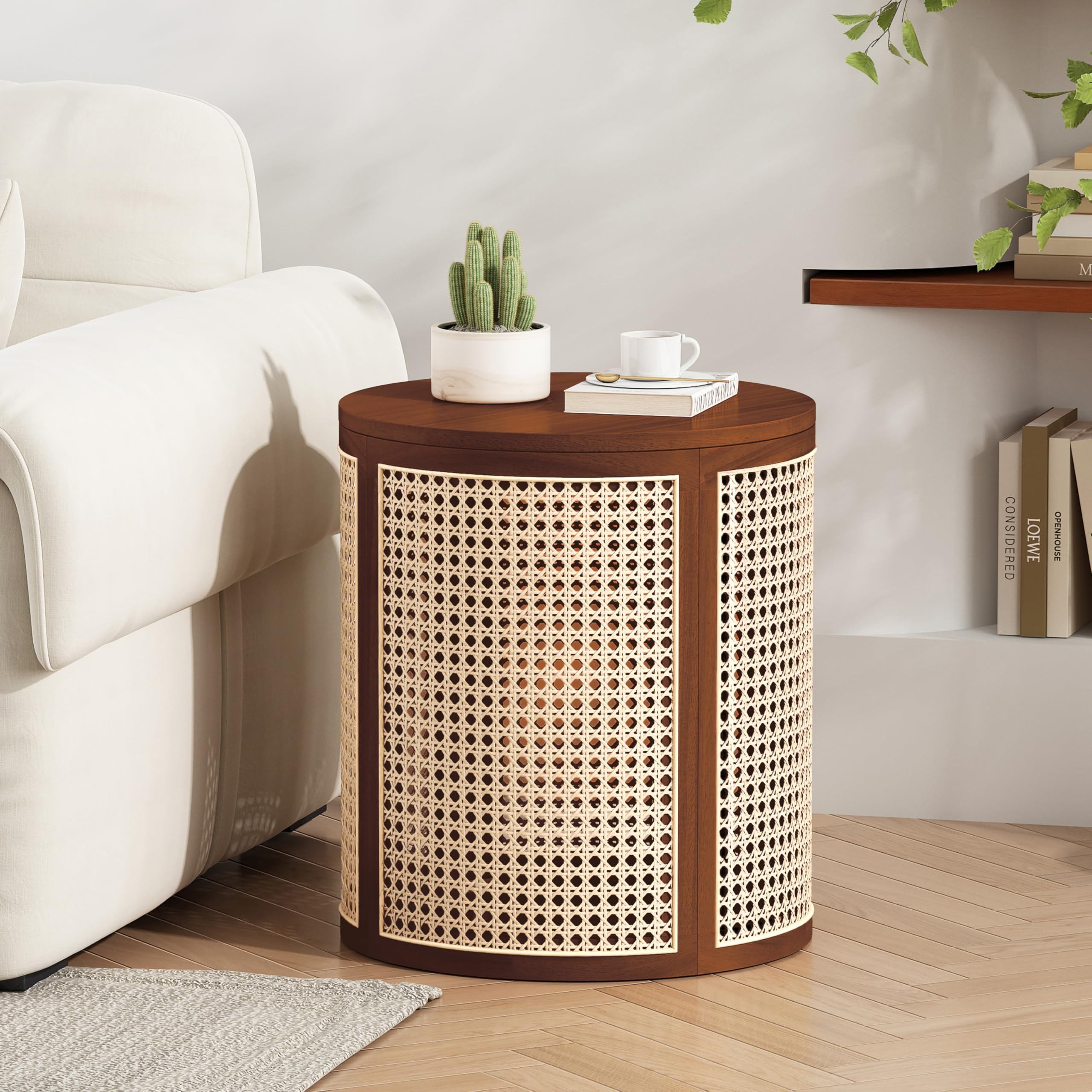 Natural Rattan Woven Round Rubber Wood Side Table