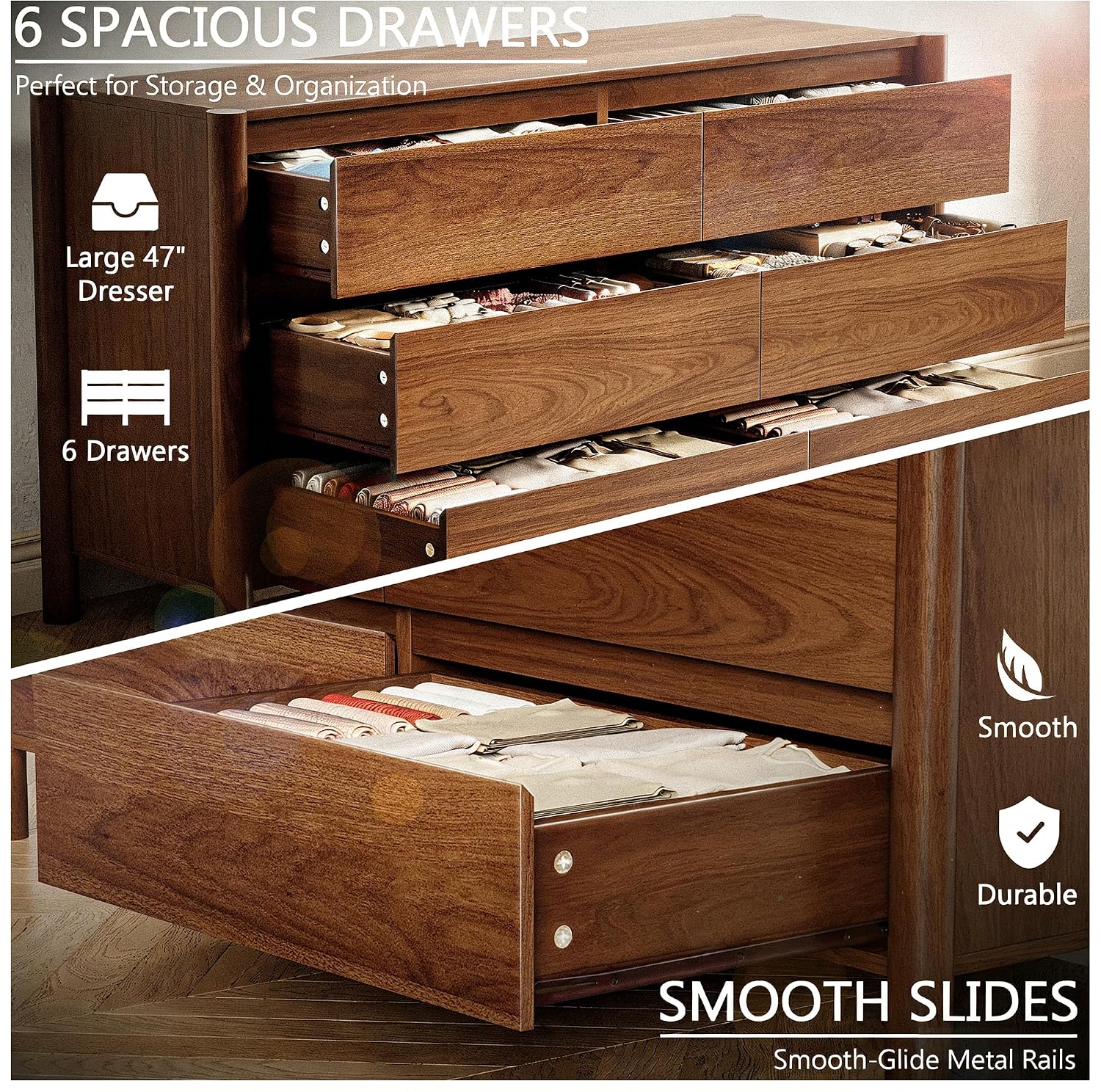 Walnut Wood Leg Concealed Handle Dresser