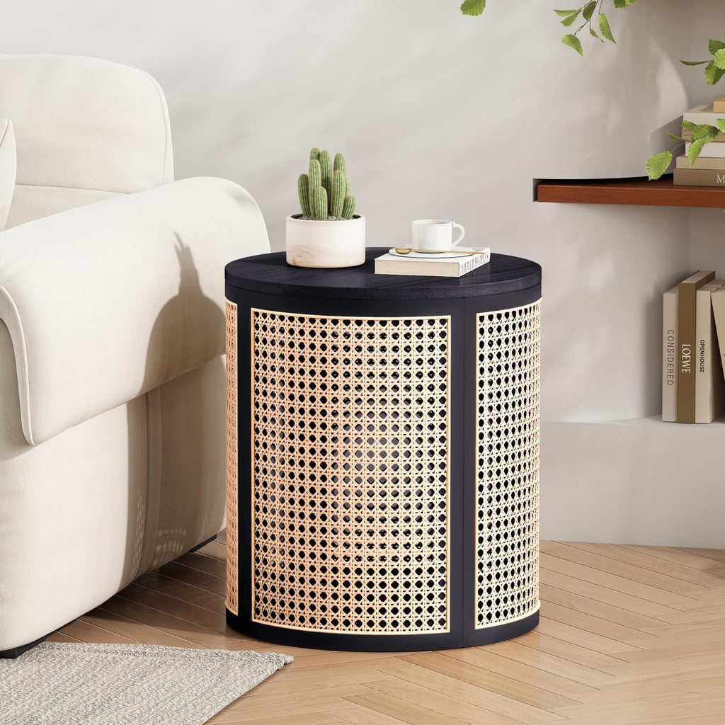 Natural Rattan Woven Round Rubber Wood Side Table