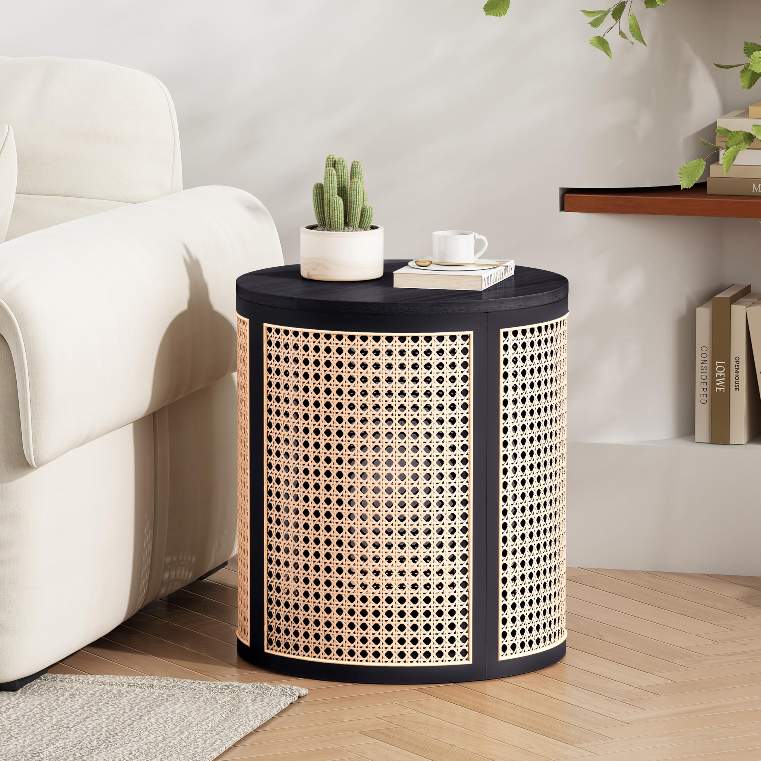 Natural Rattan Woven Round Rubber Wood Side Table