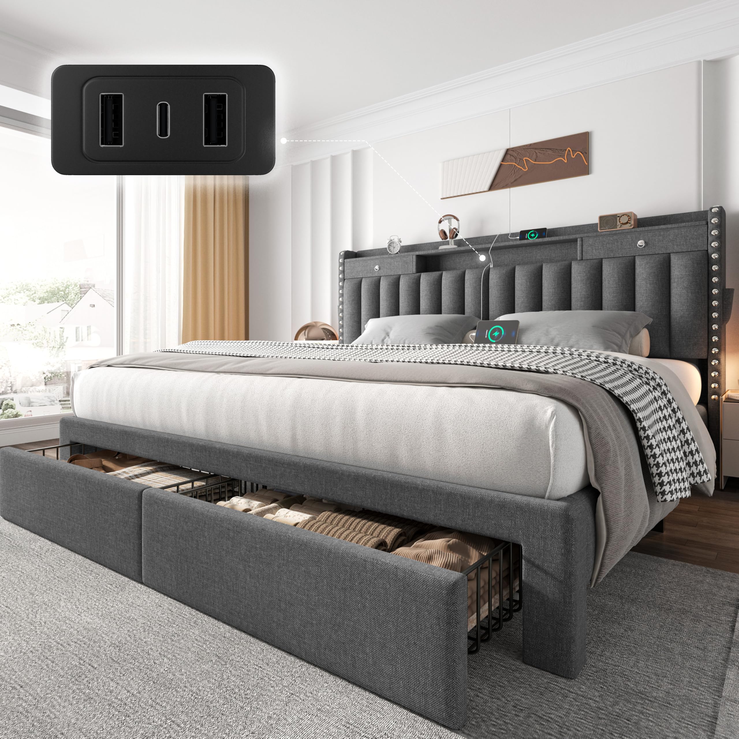 Dark Grey USB Charging Storage Queen Bed Frame
