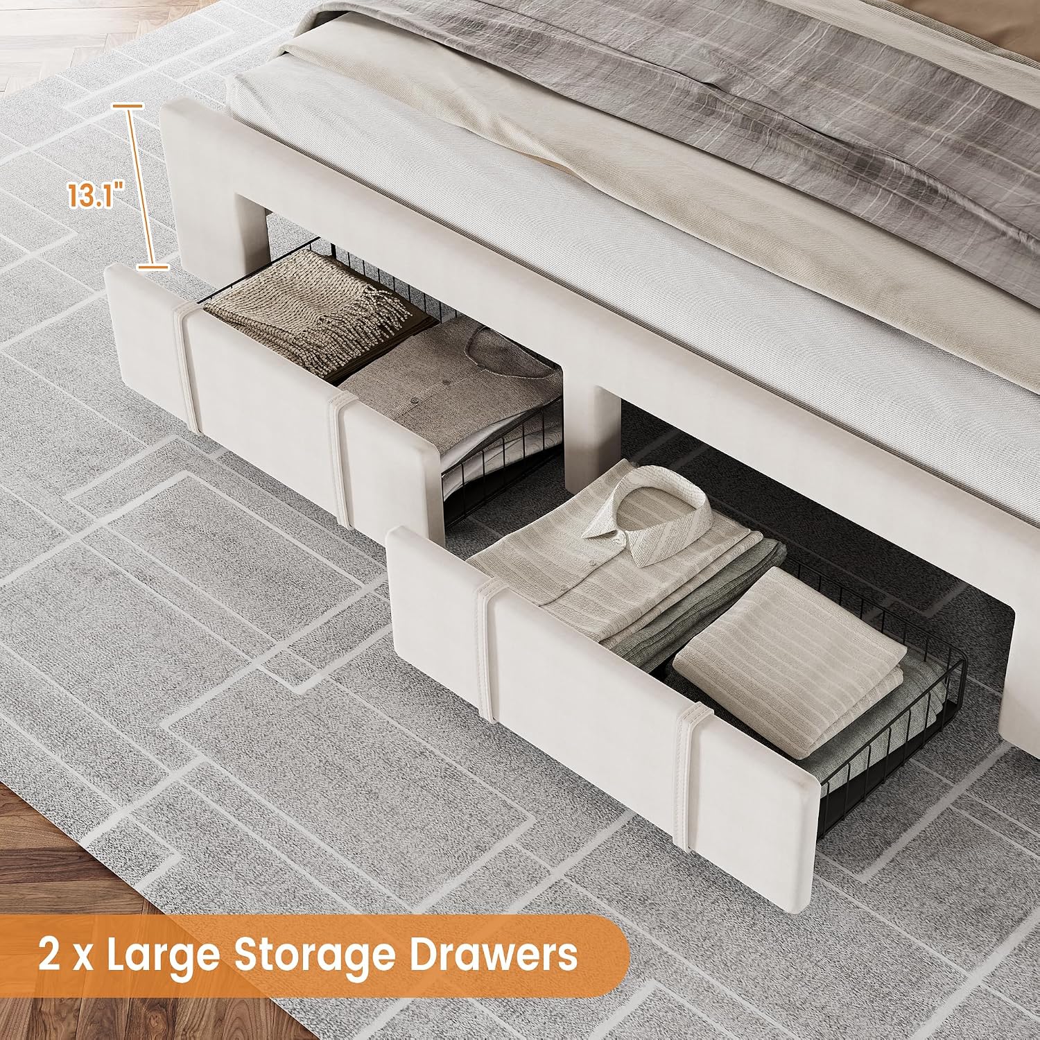 Beige King Upholstered Drawer Storage Bed