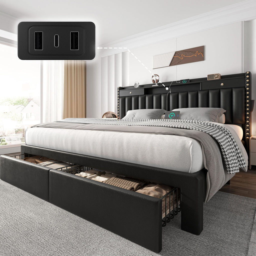 Dark Grey USB Charging Storage Queen Bed Frame