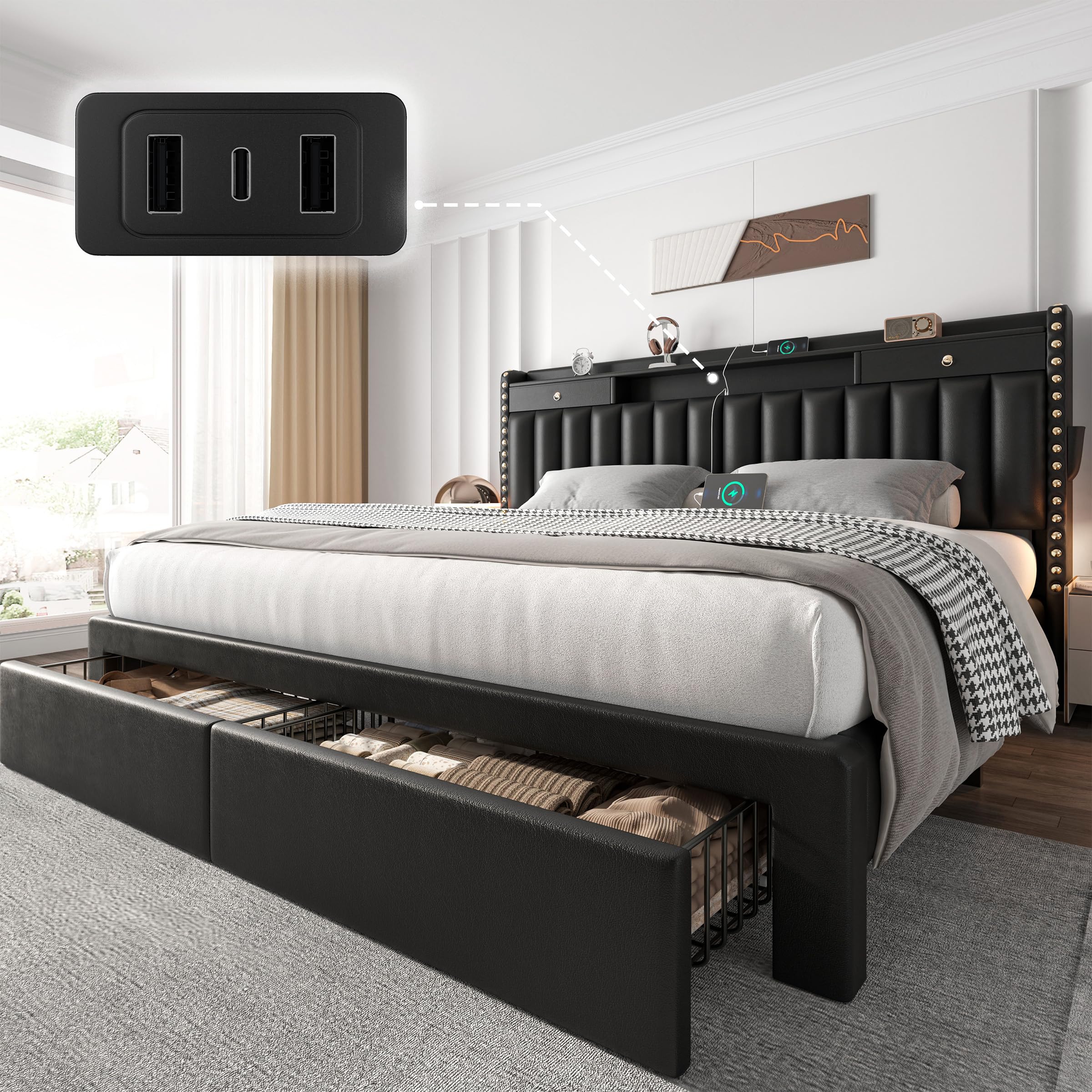 Dark Grey USB Charging Storage Queen Bed Frame