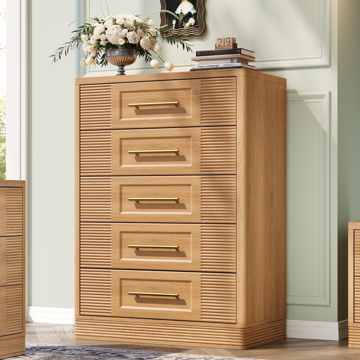 Natural Oak Curved 5-Drawer Farmhouse Dresser