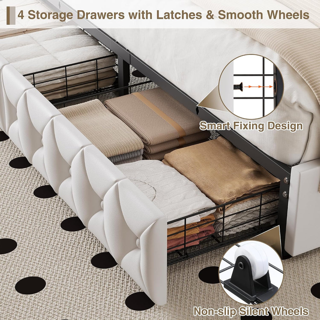 White LED Tufted Storage Drawer Bed Frame