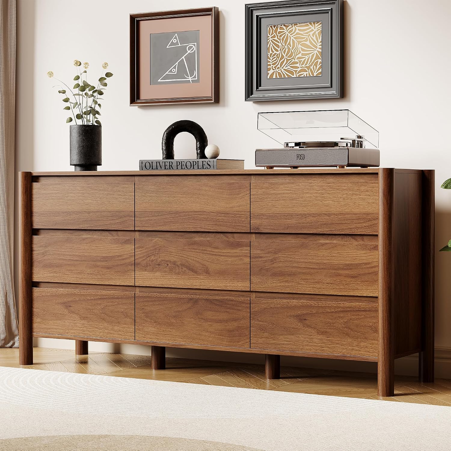 Walnut Wide 9-Drawer Concealed Handle Dresser